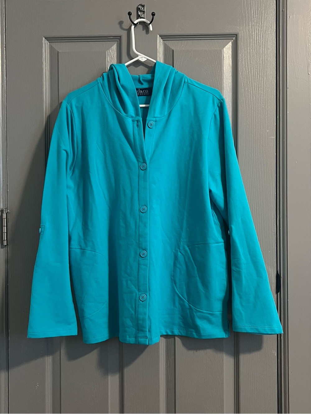 D&Co. Beach Teal Hooded Button-Front Cotton Jacket Pockets Casual Comfortable